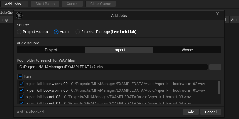 Four Audio jobs in the queue, typed Face / Auto Detect, running through Tracking to Done with waveform thumbnails