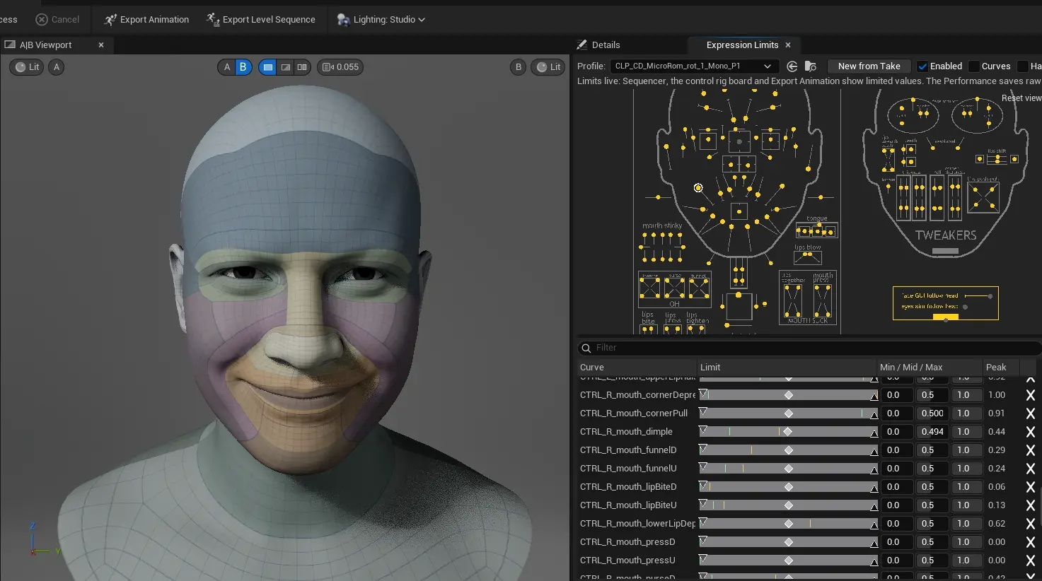 The Expression Limits tab docked beside the Performance viewport: face control board on top, one slider row per limited control below, the preview face following as a ceiling is dragged