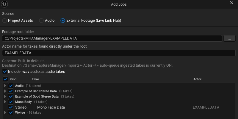 Add Jobs dialog on the External Footage source: footage root, fallback actor, schema and destination line, and the scanned take tree with Kind / Take / Actor columns