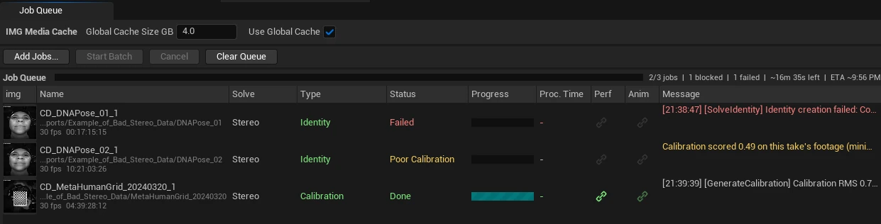 Job Queue: a MetaHumanGrid take typed Calibration and Done, two DNAPose takes typed Identity - one Failed, one blocked on Poor Calibration