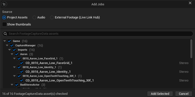 Add Jobs dialog with the Source picker — Project Assets, Audio, External Footage (Live Link Hub) — and the Project Assets tree of FootageCaptureData assets below