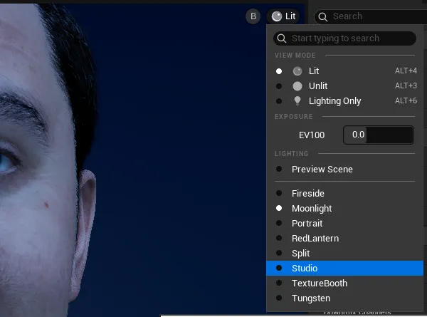 The Lighting section of the Performance viewport's View menu, listing Preview Scene and Epic's rigs with Moonlight active