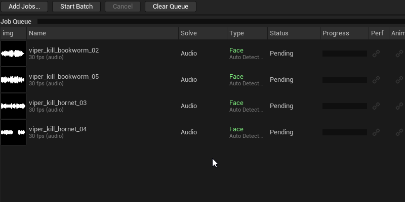 Clicking Start Batch — the queued job moves from Pending through the pipeline stages with its progress bar filling