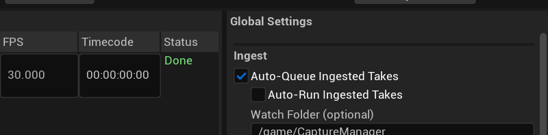 The Global Settings panel showing the Ingest options and Watch Folder field