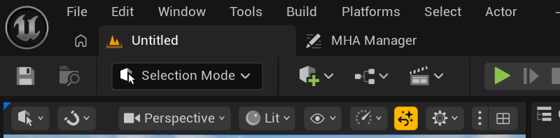 The MHA Manager tab open and docked in the Unreal editor